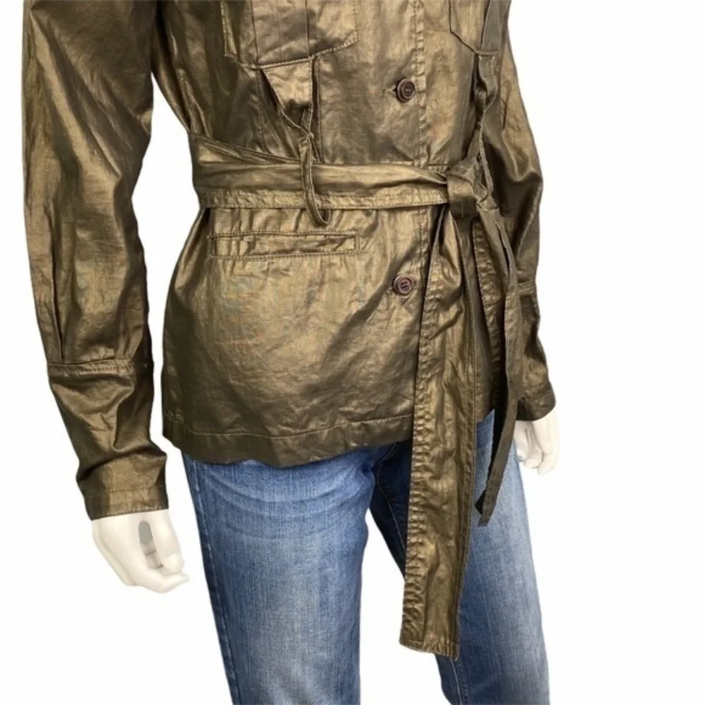 Da Nang Metallic Green Utility Jacket Womens Small Belted Button Front Shacket